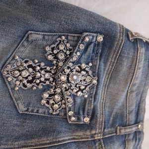 Platinum Plush Flash Skull Wing Rhinestone Embellished Jeans Plus 19